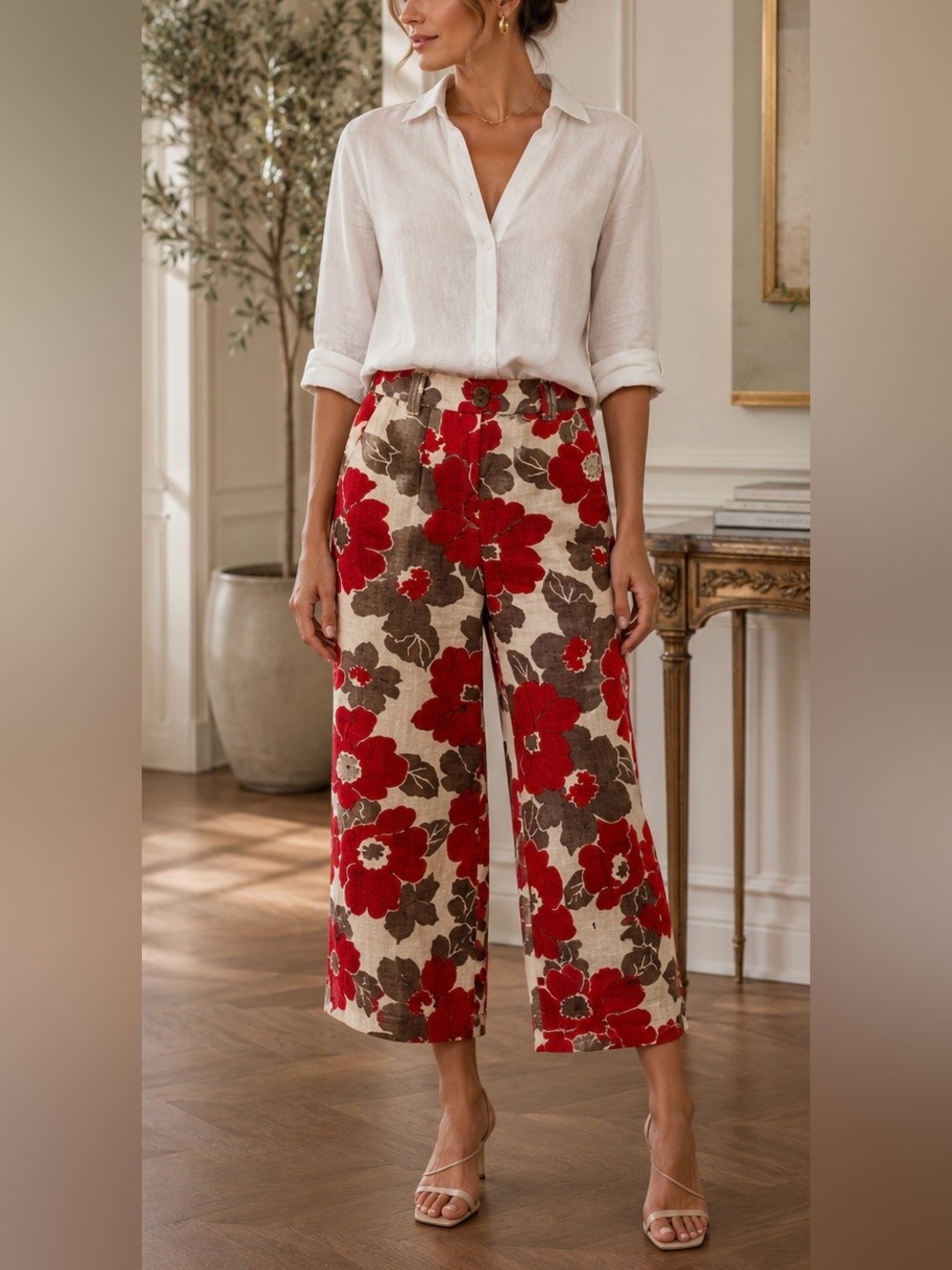 Rafaella 100% Linen Floral Gaucho Crop Pants Women’s Size 10 Red Wide Leg